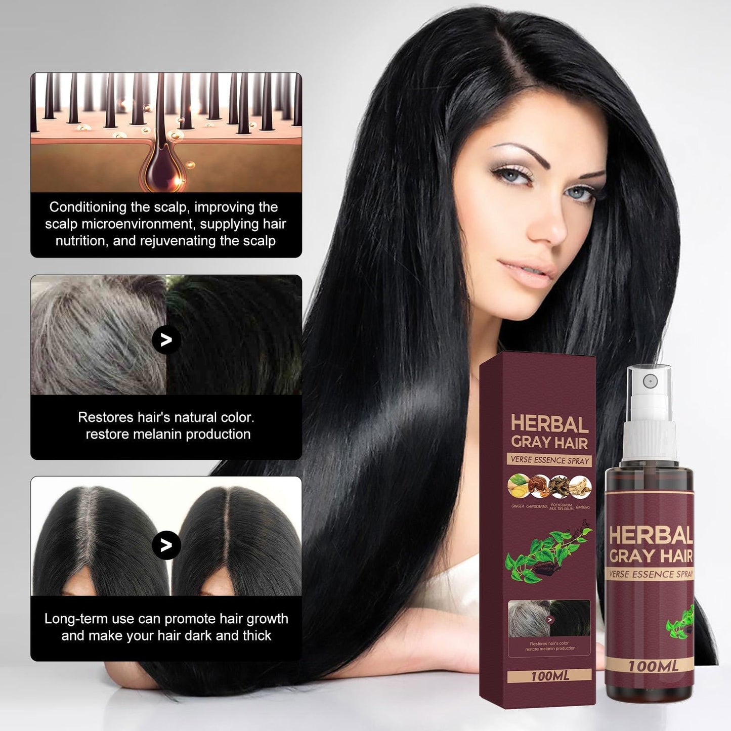 Herbal Essence Hair Spray, Hair Darkening Conditioner Spray, Herbal Hair Coloring Spray, Gray Hair Reverse Herbal Essence Spray, Reverse Grey Hair,100ml (1)