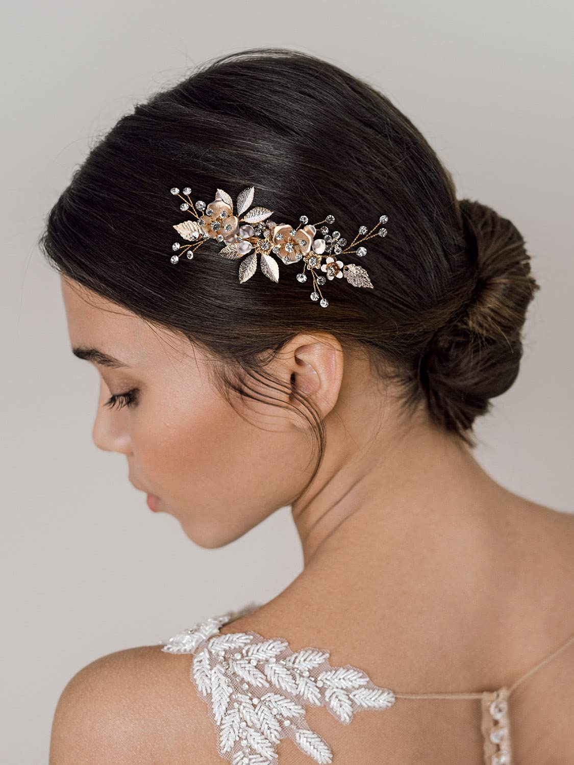 SWEETV Light Rose Gold Wedding Hair Comb Clip,Handmade Bridal Hair Accessories for Women Wedding