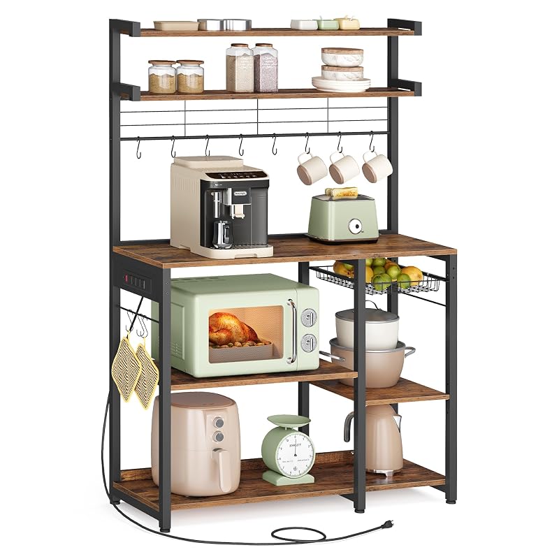 VASAGLE Rustic Brown 35.4W Baker's Rack with Power Outlet, 2 Lower Shelves & 8 Hooks