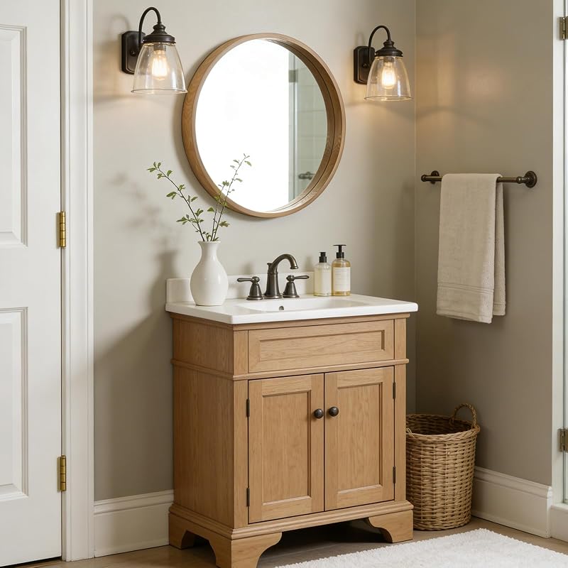 24-Inch Natural Round Wood Mirror with Circle Frame - Wall-Ment Bathroom & Living Room