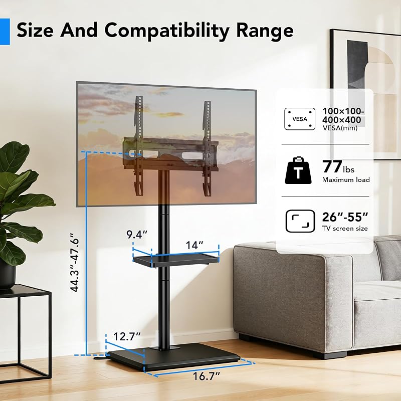 Floor TV Stand with Mount for 26-60 inch TVs Up to 77 lbs - Height Adjustable Swivel Tilt with Wood Base & Shelf, Black (Variation: Black+Floor TV Stand with Shelf)