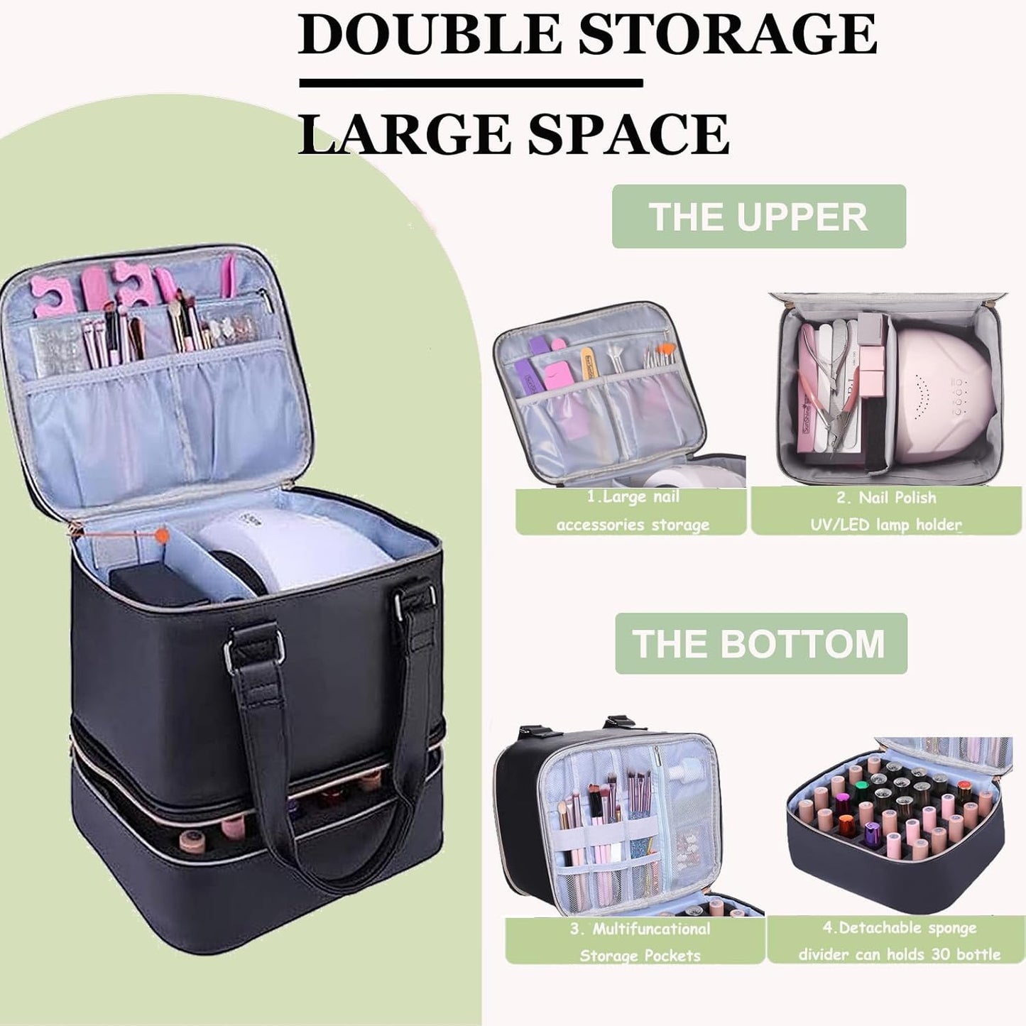 Nail Polish Organizer Bag with Travel Case for 30+ Bottles & Nail Lamp - Purple