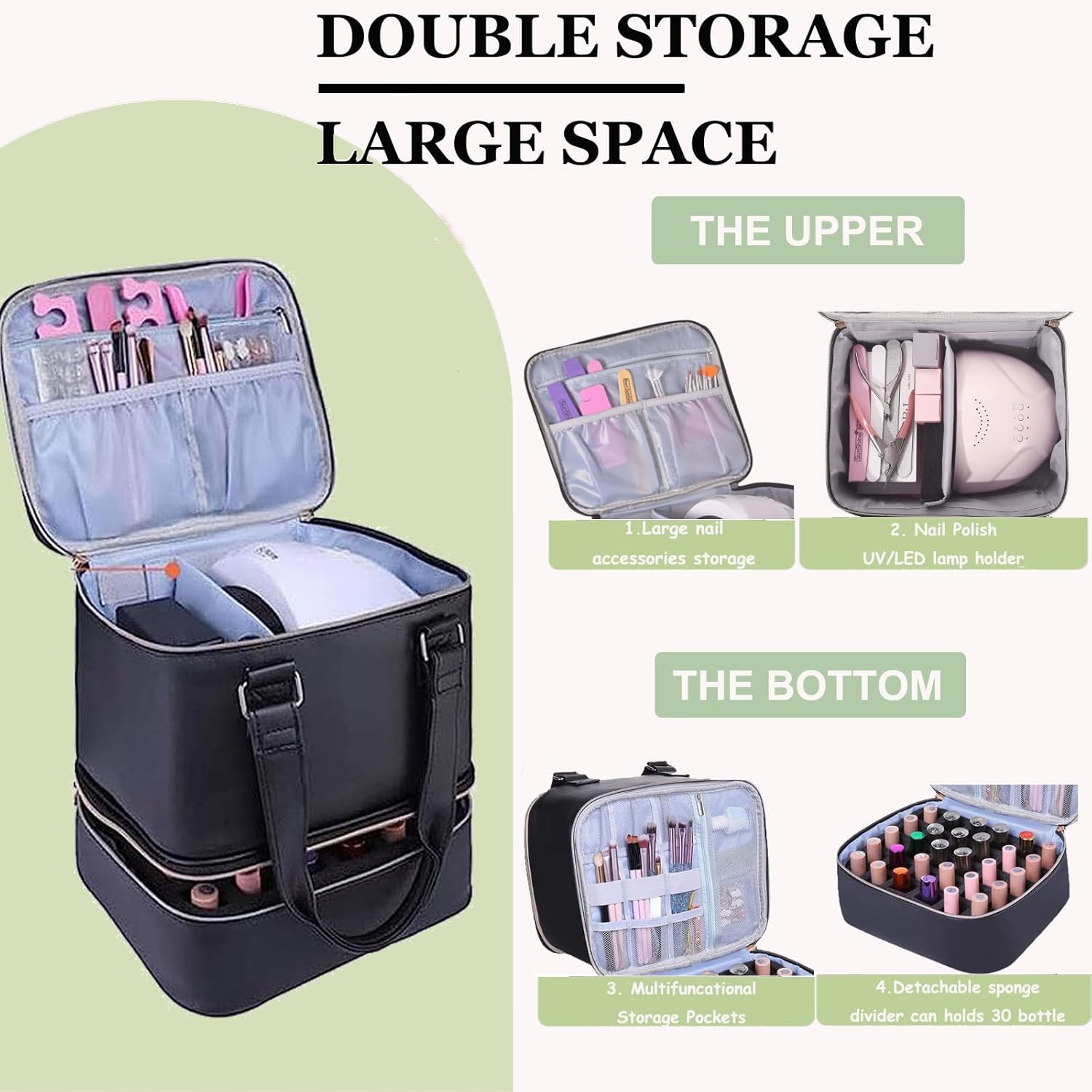 Nail Polish Organizer Bag with Travel Case for 30+ Bottles & Nail Lamp - Purple