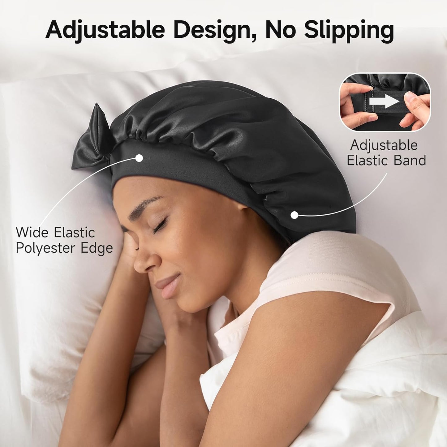 22 Momme Mulberry Silk Bonnet for Women - Double-Sided Non-Slip Sleep Cap for Long Curly Hair, Adjustable Band, Ebony