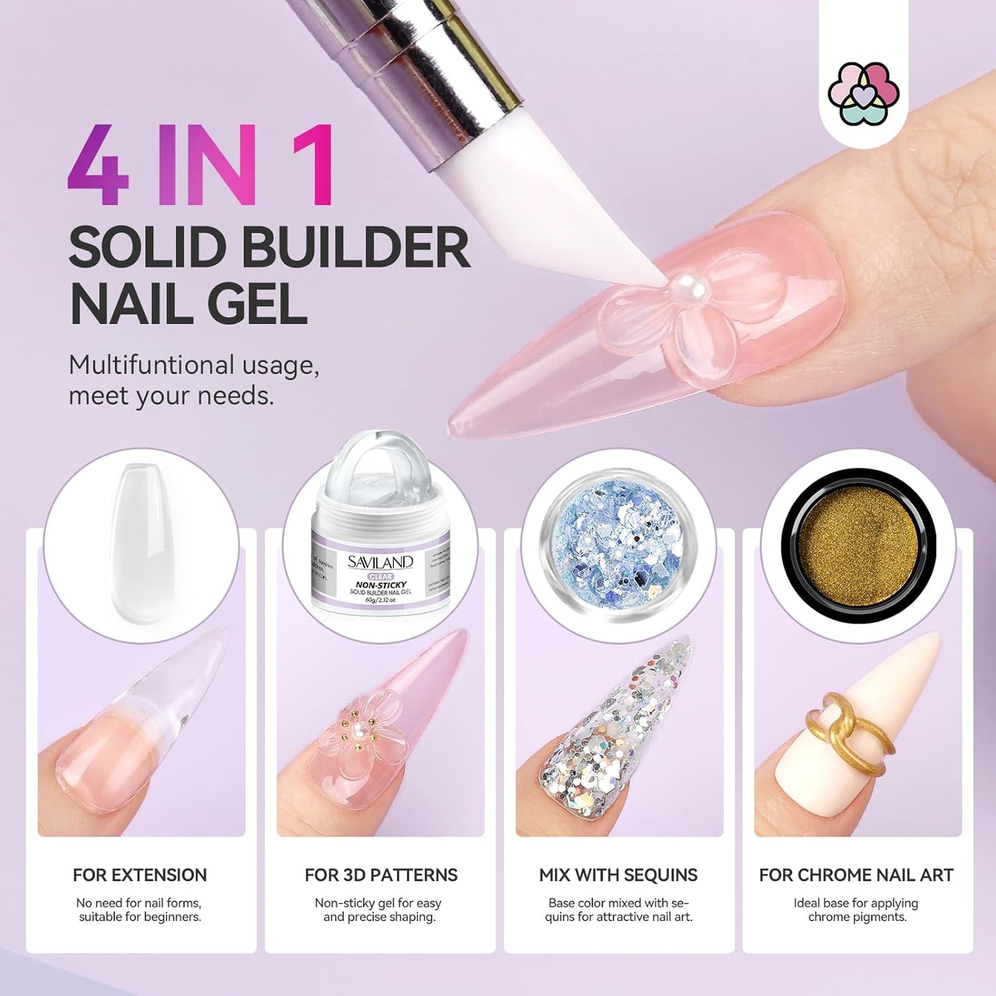Builder Nail Gel Kit - 4 Colors (Clear, Nude, White, Pink) for Nail Extensions & 3D Sculpting - Long-Lasting Non-Sticky Hard Gel with Chrome Powder