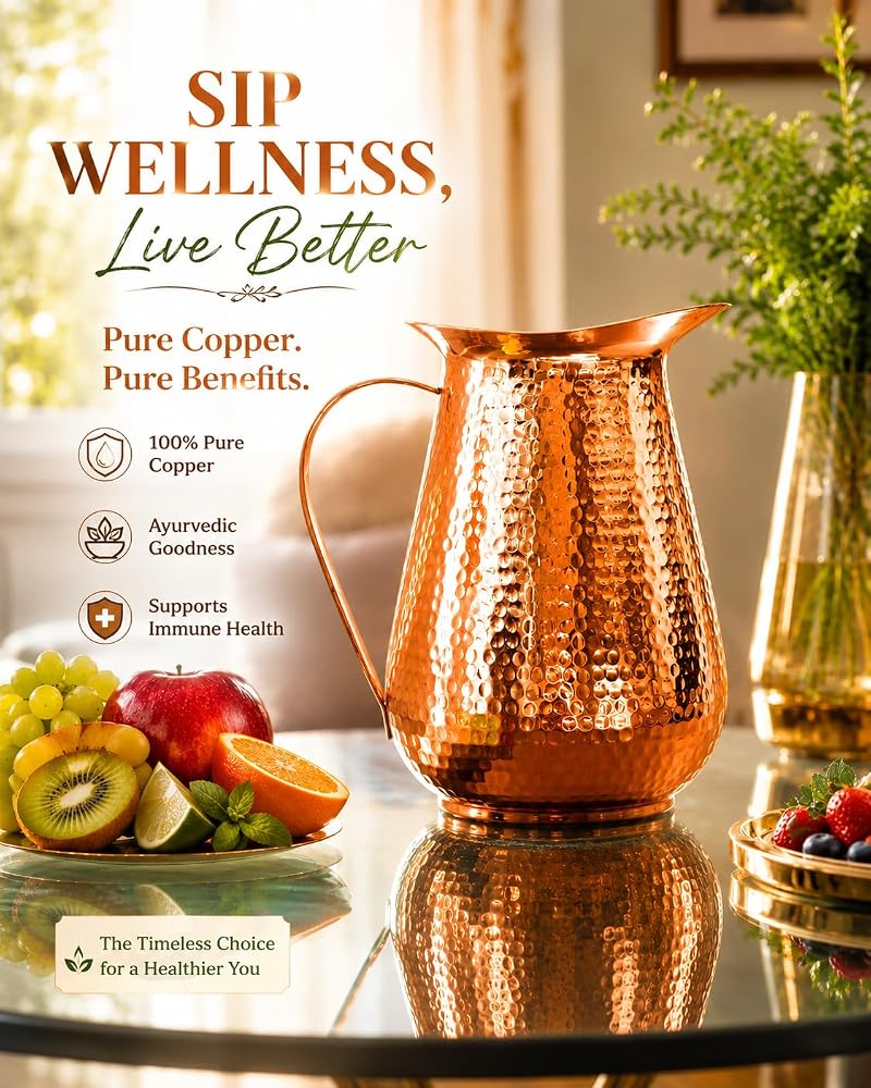 70 Ounces Bold & Divine Pure Copper Pitcher with Lid – Hammered Jug for Water & Beverages