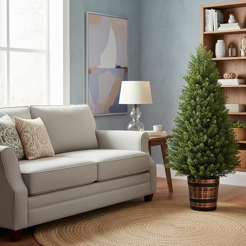 4FT Set of Artificial Cedar Topiary Trees in Barrel Planter – Outdoor/Indoor Faux Pine Shrubs