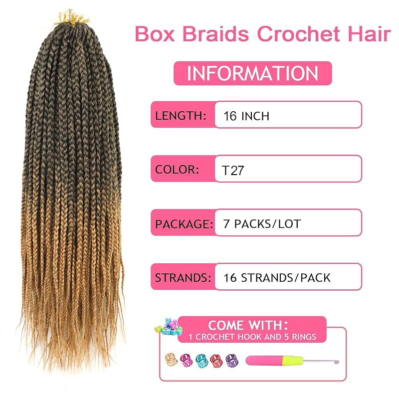 Goddess Box Braids Crochet Hair 16in 7 Packs - Honey Blonde Pre-Looped Hair for Black Women (Variation: Black to Honey Blonde+16 Inch)