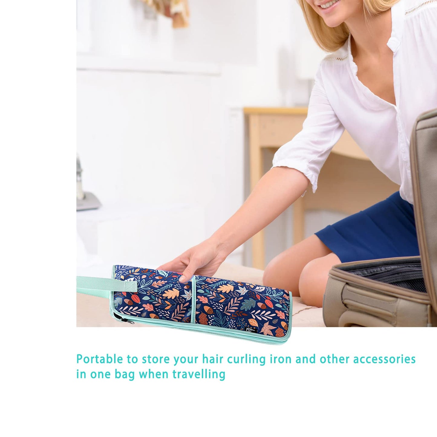 2 Pieces Hair Flat Iron Case Holder Canvas Bag Heat Resistant Curling Iron Silicone Straightener Holder Mat for Hair Tools Curling Iron Organizer Bag (Floral print)