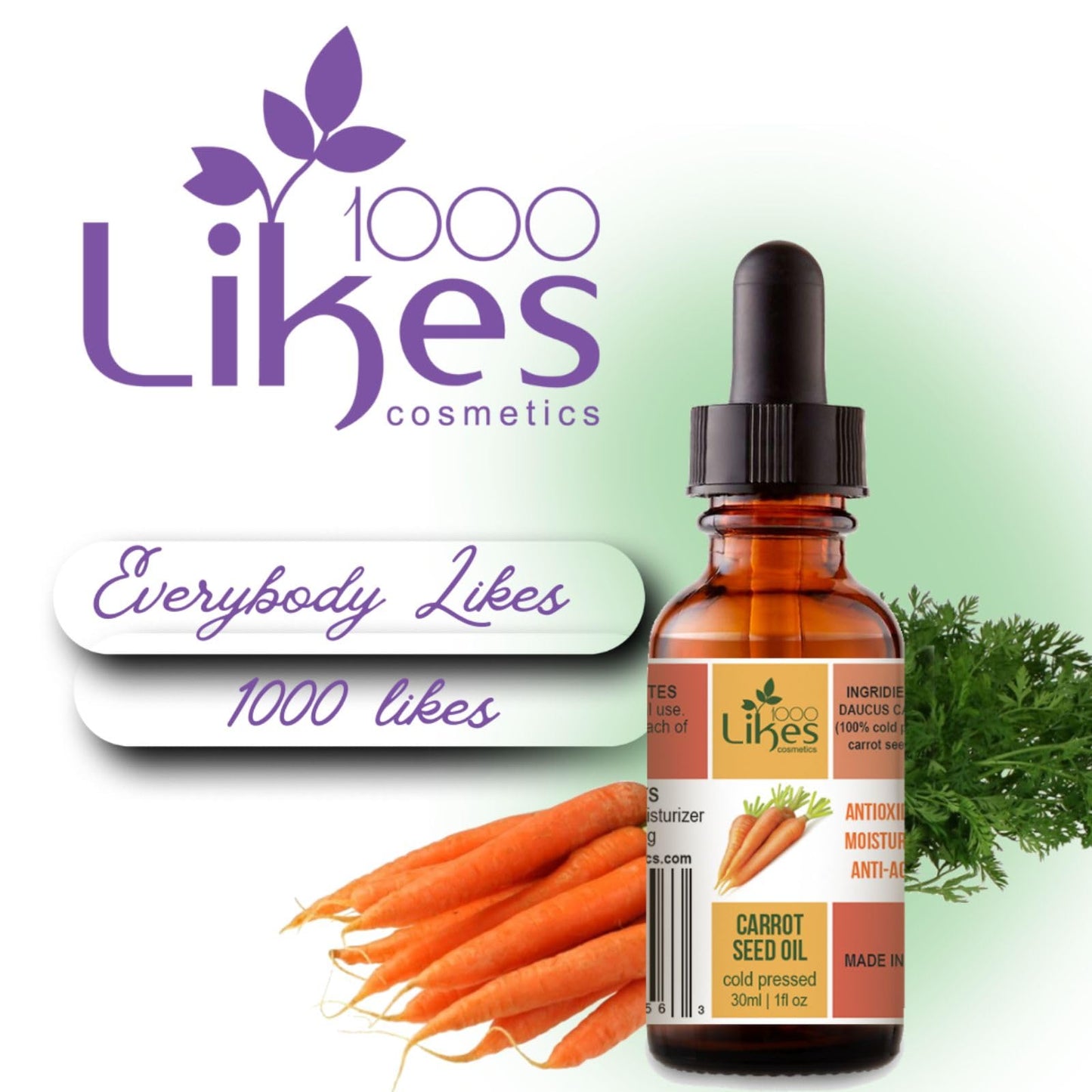 Premium Cold-Pressed Carrot Seed Oil – 100% Pure, Natural and Fresh Scented By 1000 Likes Cosmetics - Nourishing Oil for Hair, Skin & Face - Hydrating & Rejuvenating - Dropper Bottle Included