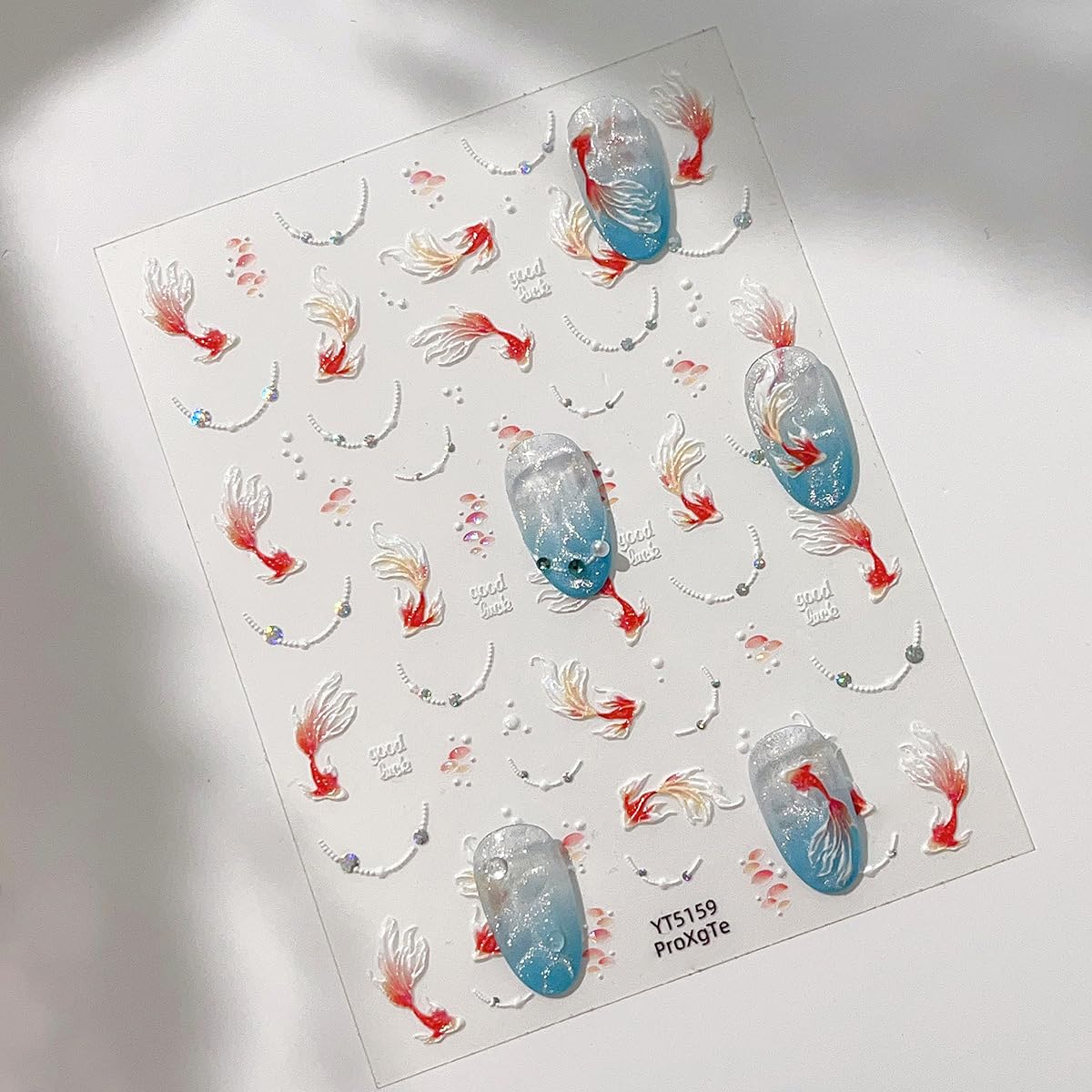 5D Embossed Koi Fish Nail Stickers Self-Adhesive Goldfish Nail Art Stickers Sparkly Koi Pearl Rhinestones Designs Cute Nail Art Supplies Glitter Nail Decals for Women Girls Acrylic Nail Salon DIY