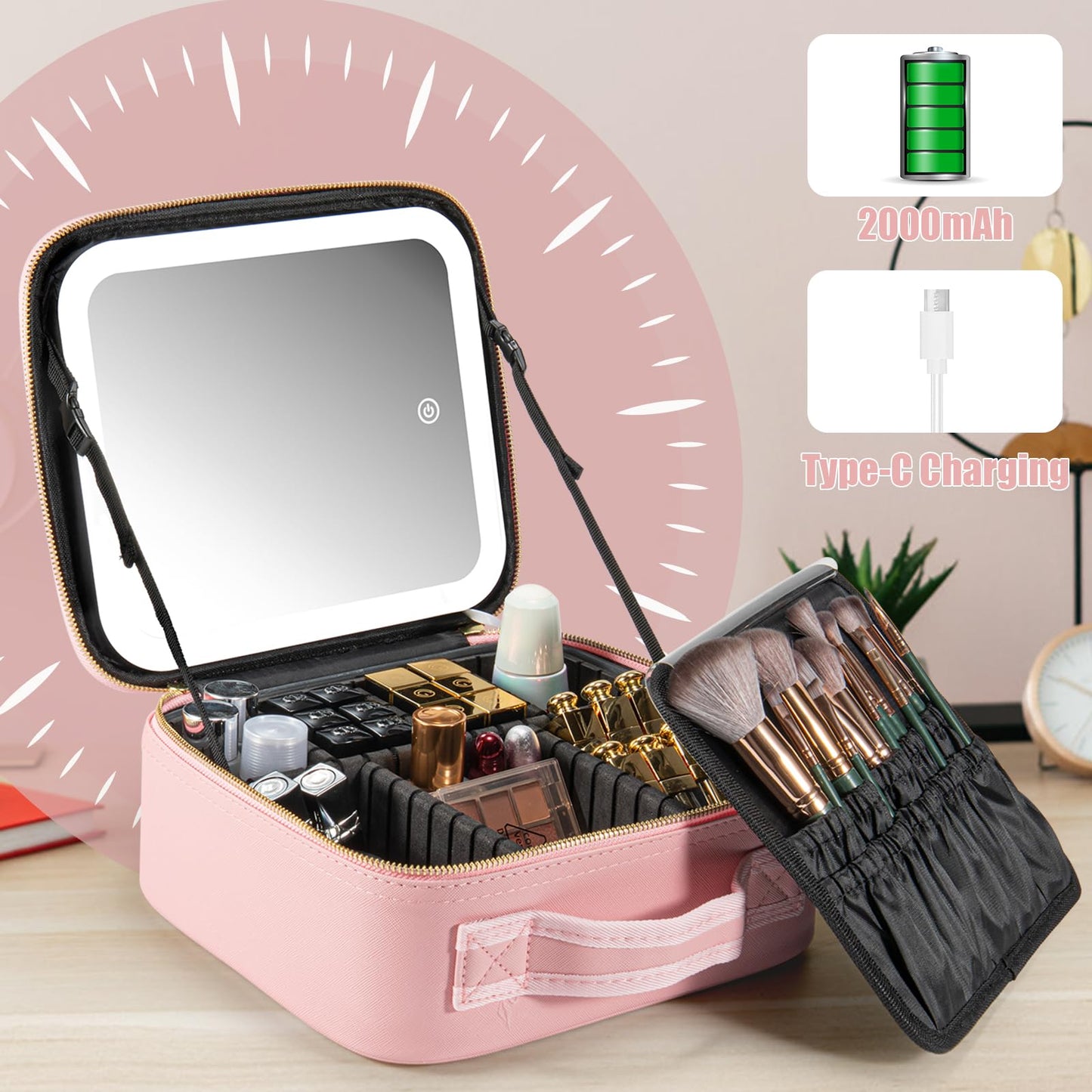 Extrei Gent Makeup Travel Train Case with Mirror LED Light 3 Adjustable Brightness Large Cosmetic Bag Portable Storage Adjustable Partition Waterproof Makeup Brushes Make up Jewelry Gift for Women