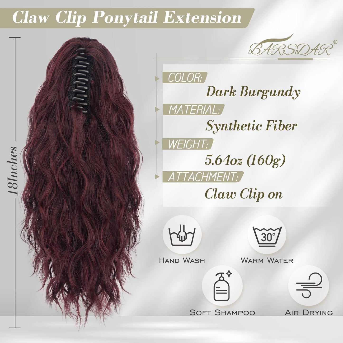 BARSDAR Red Ponytail Extension - 18 Inch Claw Clip Ponytail Hair Extensions for Women - Curly Wavy Multi Layered Synthetic Clip in Ponytail Hairpieces Daily Party Halloween - Dark Burgundy
