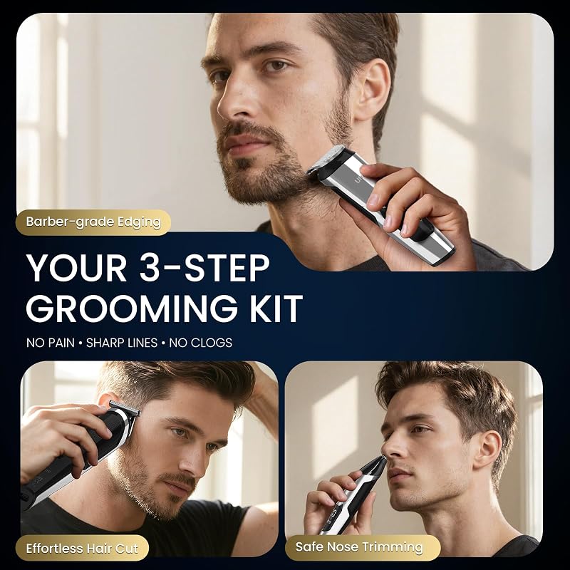 Ufree 3-in-1 Beard Trimmer for Men - Silver, IPX6 Waterproof, 8,000 RPM