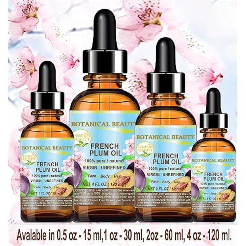 Botanical Beauty PLUM OIL French. 100% Pure Natural Virgin Unrefined Undiluted Cold Pressed Carrier Oil. For Face, Skin, Hair, Body, Lips, Nails (0.5 Fl.oz - 15 ml)