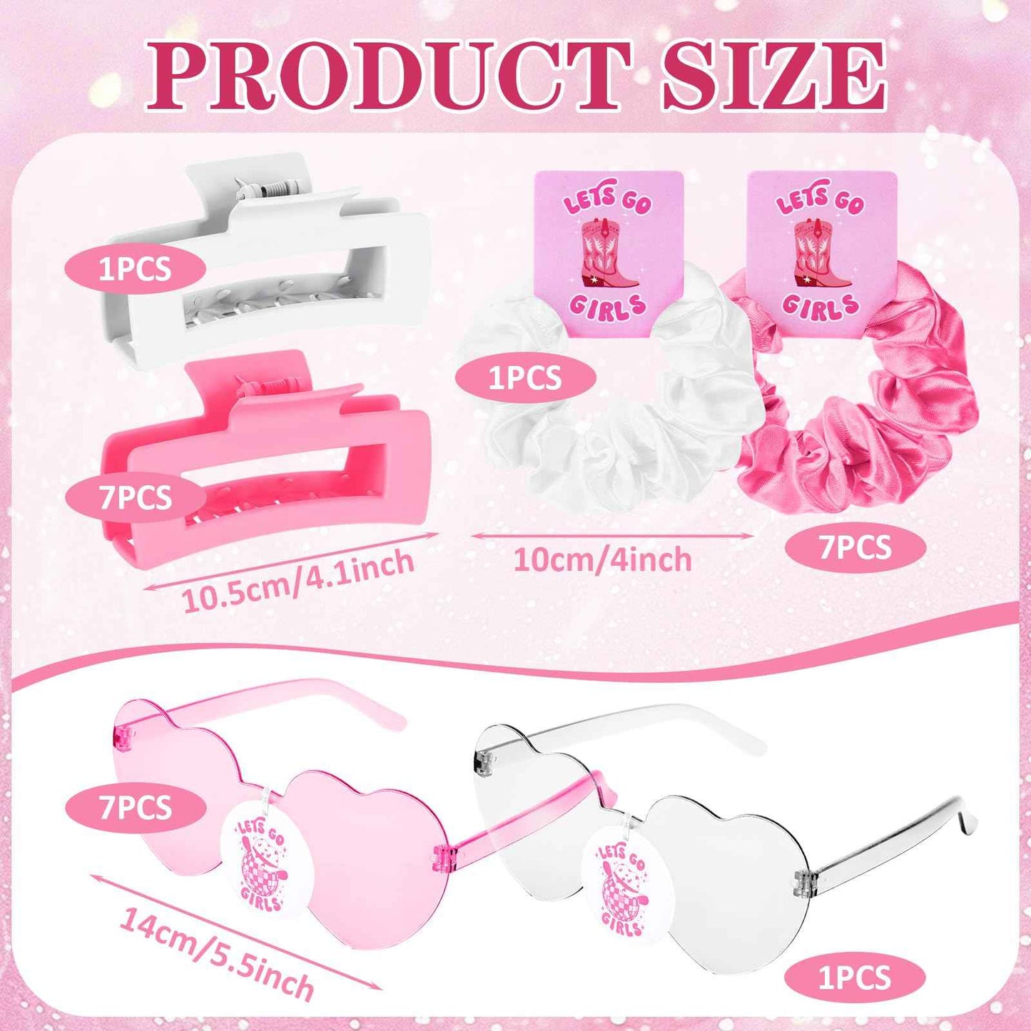 Hoteam 24 Pcs Let's Go Girls Cowgirl Bachelorette Party Favors Decorations Include Satin Scrunchies Heart Sunglasses Hair Claw Clips for Wedding Bridal Shower Party(Pink)