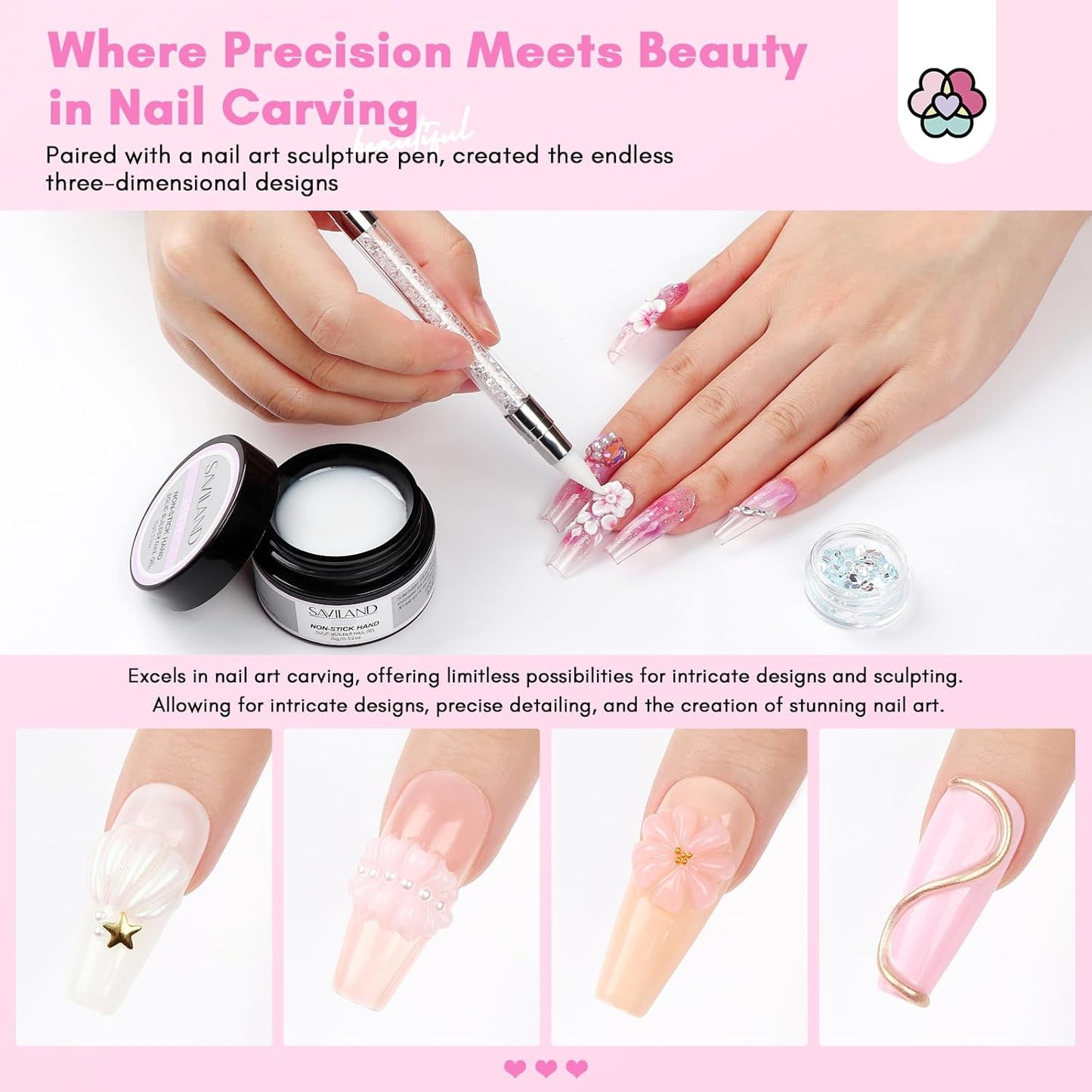 Builder Nail Gel Kit - 4 Colors (Clear, Nude, White, Pink) for Nail Extensions & 3D Sculpting - Long-Lasting Non-Sticky Hard Gel with Chrome Powder