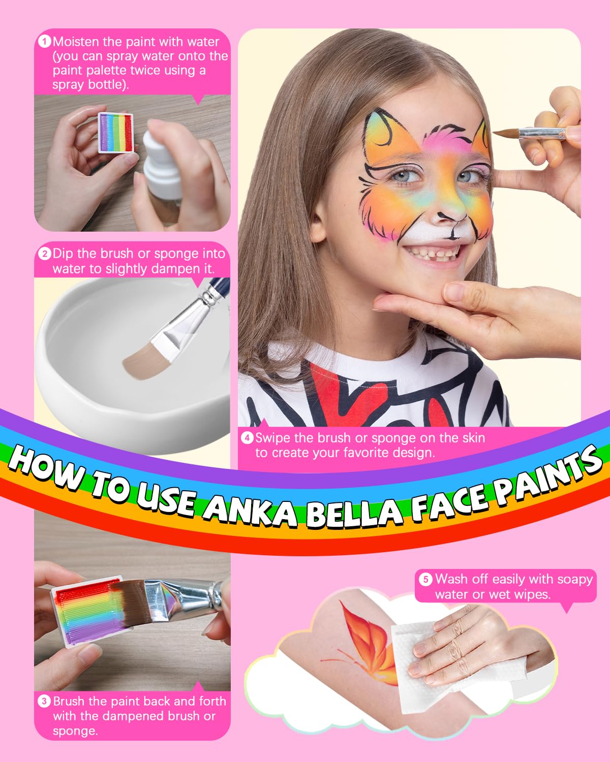 Anka Bella Professional Water Activated Rainbow Cake Face Paint（Dreamy Carnival）50gm,Hypoallergenic, Non-Toxic,Face Body Painting Makeup
