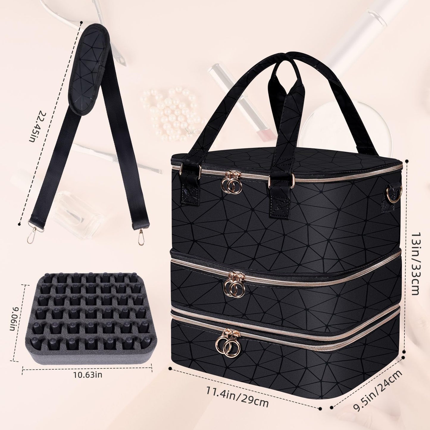 Nail Polish Organizer Case,3 Layer Nail Polish Organizer Bag Holds 84 Bottles (15ml/0.5 fl.oz) Nail Supplies Organizer,Nail Bag PU Leather Nail Carrying Nail Kit Supplies Organizer Case (Black)