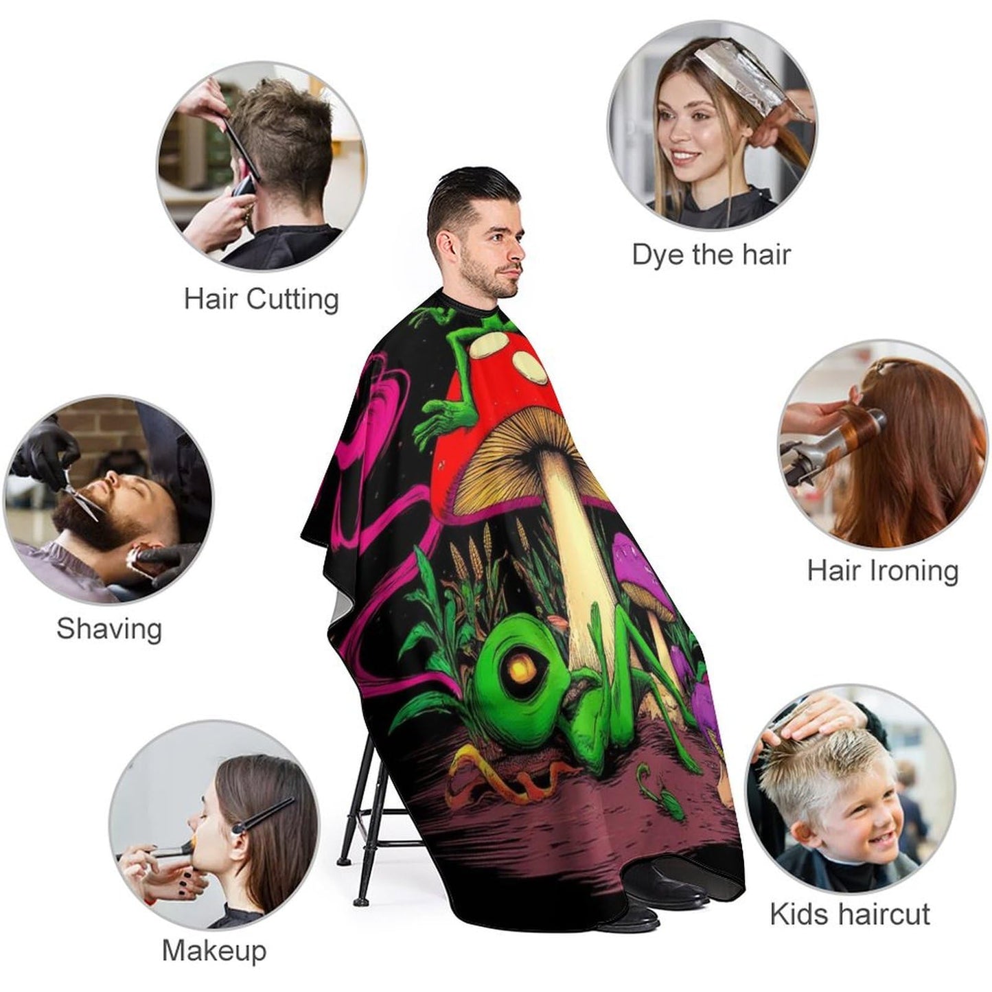 Unisex Magic Mushroom Alien Art Hair Styling Cape - Full Coverage Hairdressing Apron for Barber Salon, Profession Barbershop Supplies
