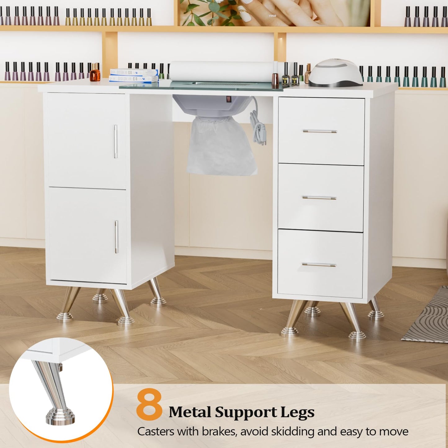 OmySalon Manicure Table Nail Desk for Nail Tech w/Glass Top & Wrist Rest, Beauty Salon Nail Supplies Decor Workstation Acetone Resistant w/2 Side Cabinet+3 Drawers, White