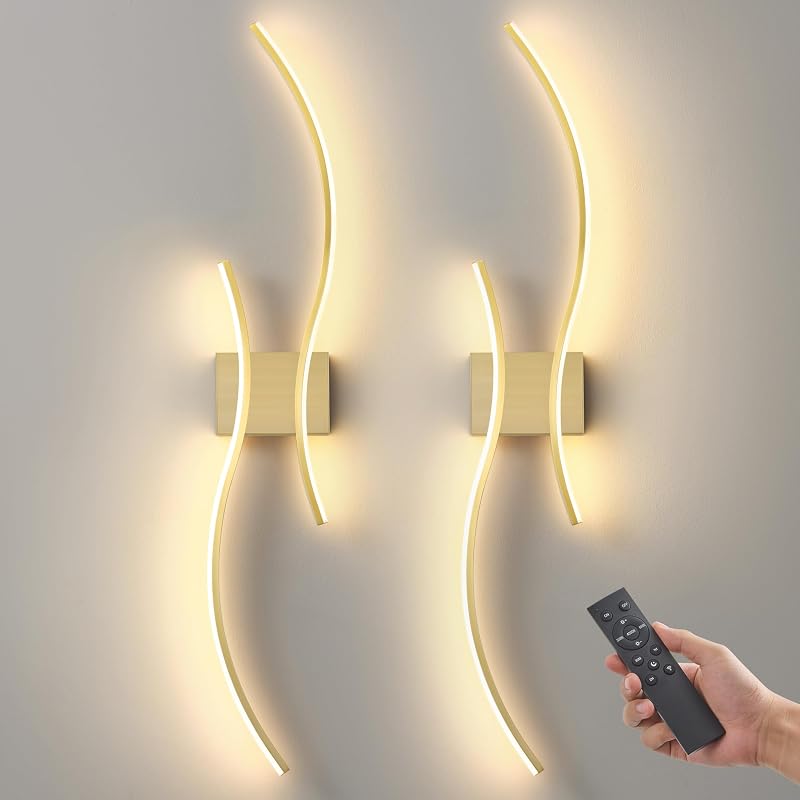 Brushed Brass Wireless Wall Sconces 2-Pack, Dimmable 3CCT, 15–65H Runtime - Arc Style