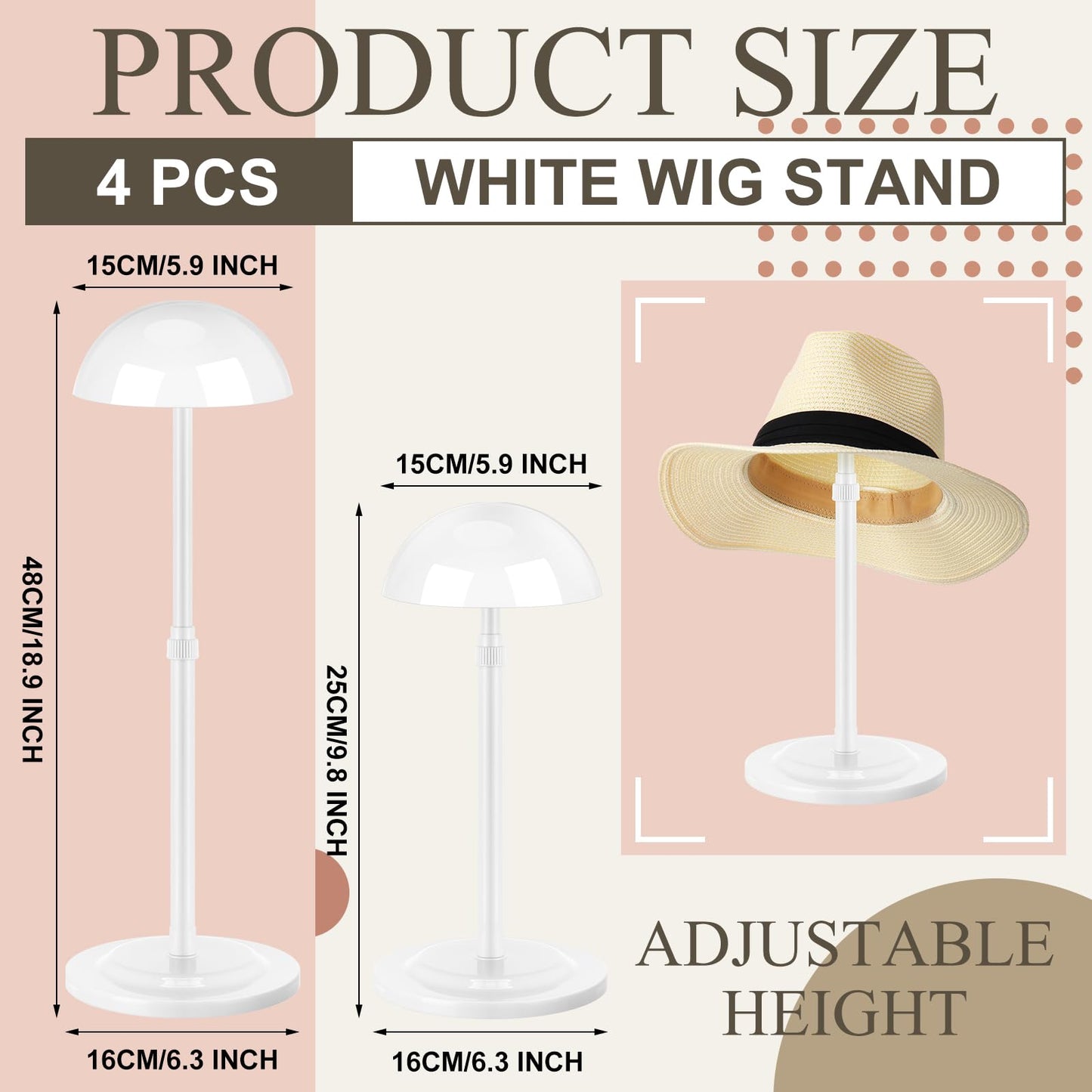 Tatuo 4 Pcs Wig Holders, 9.8"-18.9" Adjustable Height Wig Head Stand Portable Hat Display Holder Storage for Multiple Travel Wigs Styling Practice women DIY Head Stand Non Slip Stable(White)