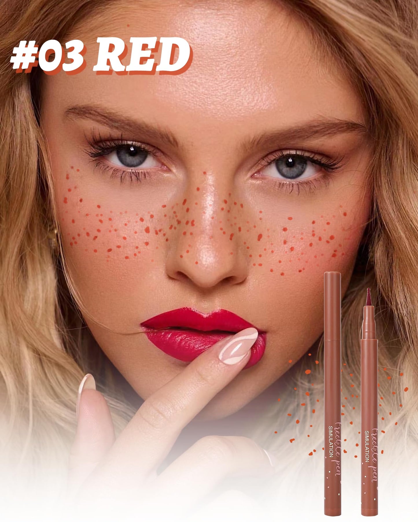 Liquid Freckle Pen, 2Pcs Red Waterproof Long Lasting Natural Lifelike Fake Face Freckles, Quick Dry Sweatproof Vivid Faux Soft Dot Sopt Freck Pen Stamp, Skin Tattoo Summer Makeup Gift Kit for Women-03