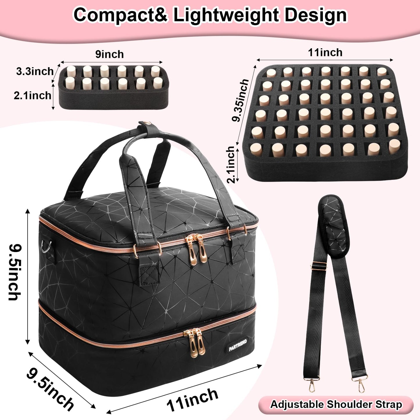 Partreko Large Nail Polish Organizer Fits 54 Bottles (15ml-0.5 fl.oz)& Nail Lamp, Double Layer Nail Supplies Organizer Bag with Holder Strip, PU Leather Nail Kit Storage Travel Case for Women (Black)