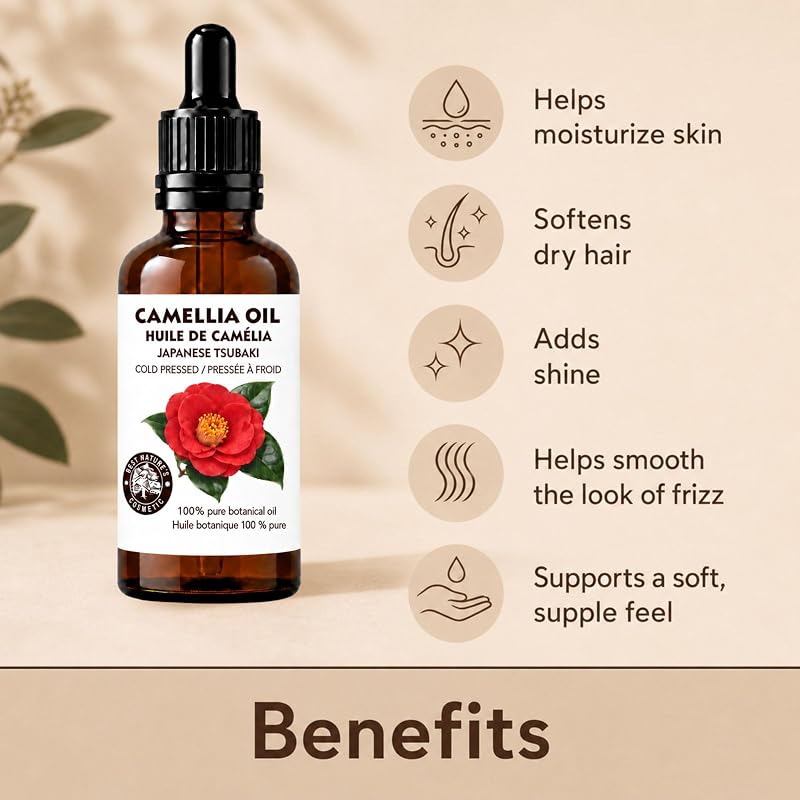 Camellia Oil for Hair & Skin - 2 Fl Oz (60 ml) 100% Pure Japanese Tsubaki Cold-Pressed