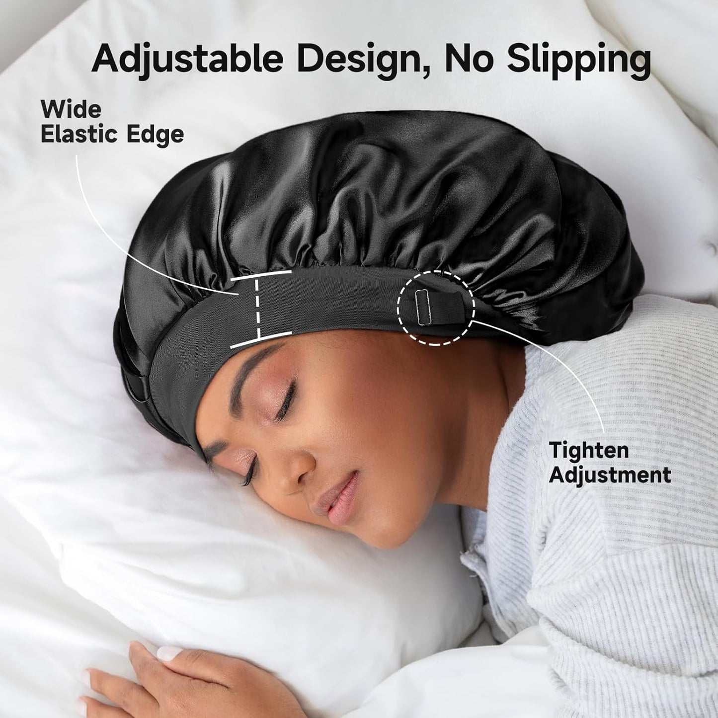 22 Momme Mulberry Silk Bonnet for Women - Double-Sided Non-Slip Sleep Cap for Long Curly Hair, Adjustable Band, Ebony