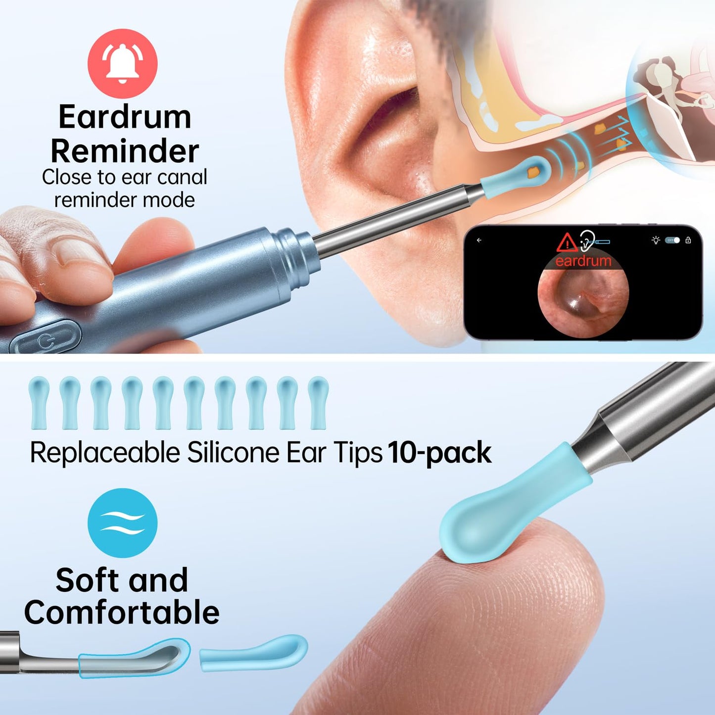 Ear Wax Removal Tool, Ear Cleaner with Camera, 1296P HD Camera and 6 LED Lights, Ear Cleaning kit with 10 Ear Pick Tips, Ear Wax Removal Kit for iOS and Android(Pale Blue)