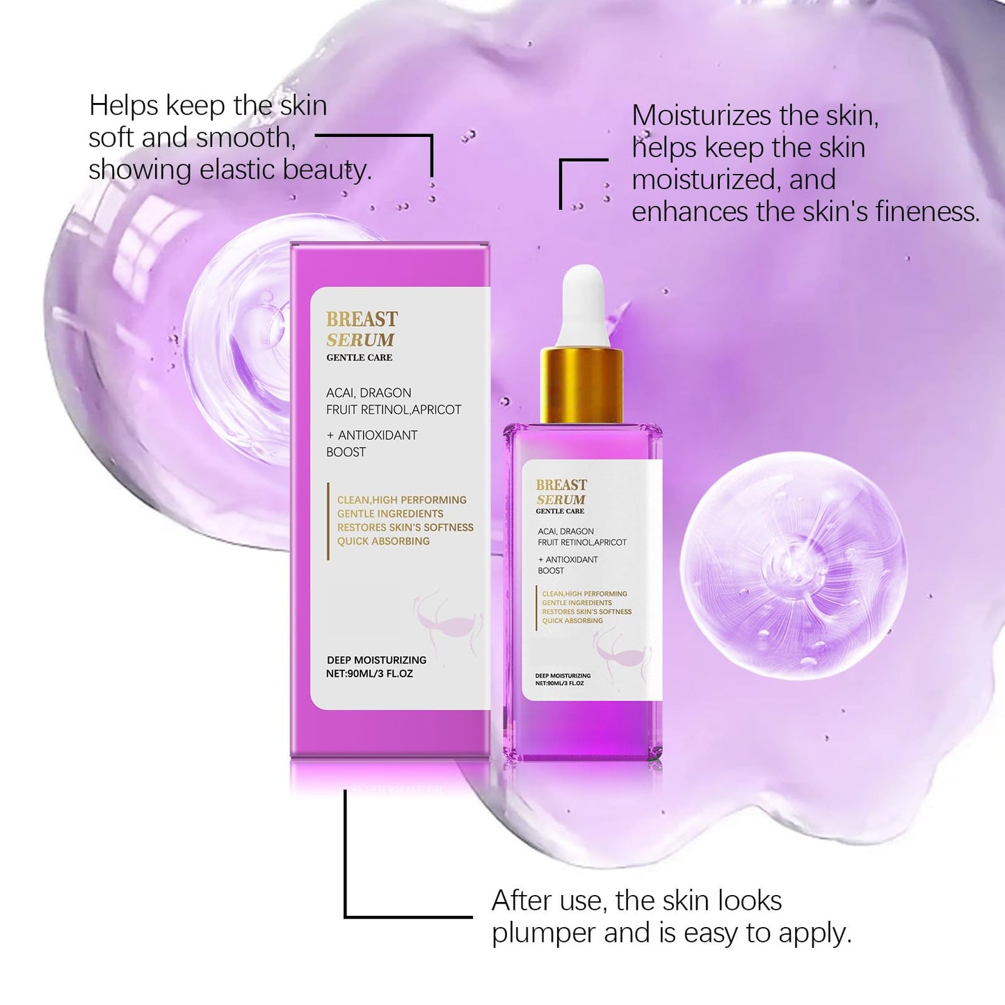 Eclaro Breast Firming Serum with Acai and Dragon Fruit, Deep Moisturizing, Antioxidant Boost, 90ml/3 FL.OZ (1pcs)