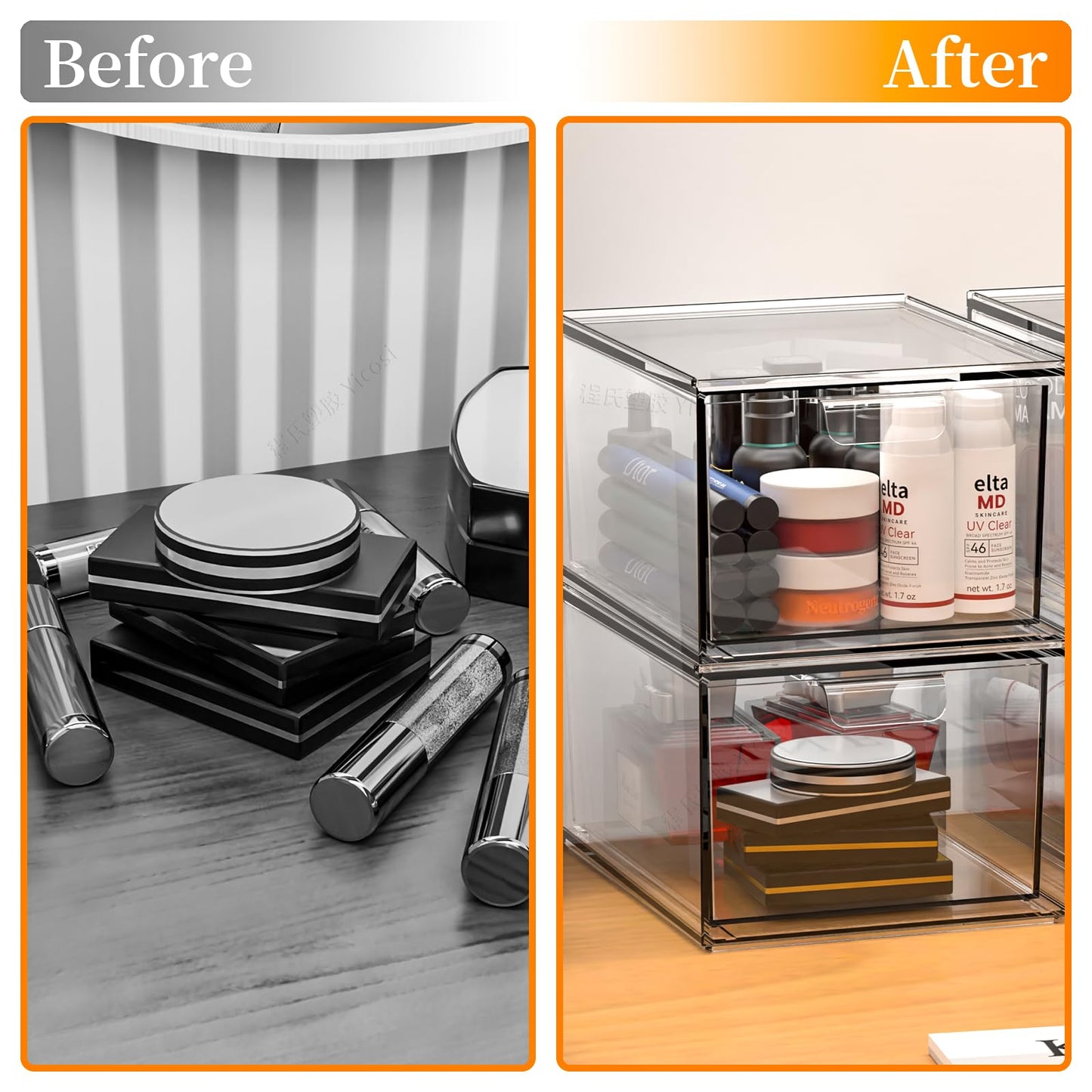 Cq acrylic Stackable Storage Drawers Set of 2,Under Cabinet Stackable Bins and Pull out Drawers Storage Container,4.4'' Tall Clear Plastic Organizer Bins for Makeup,Beauty Product,Machine Organizing