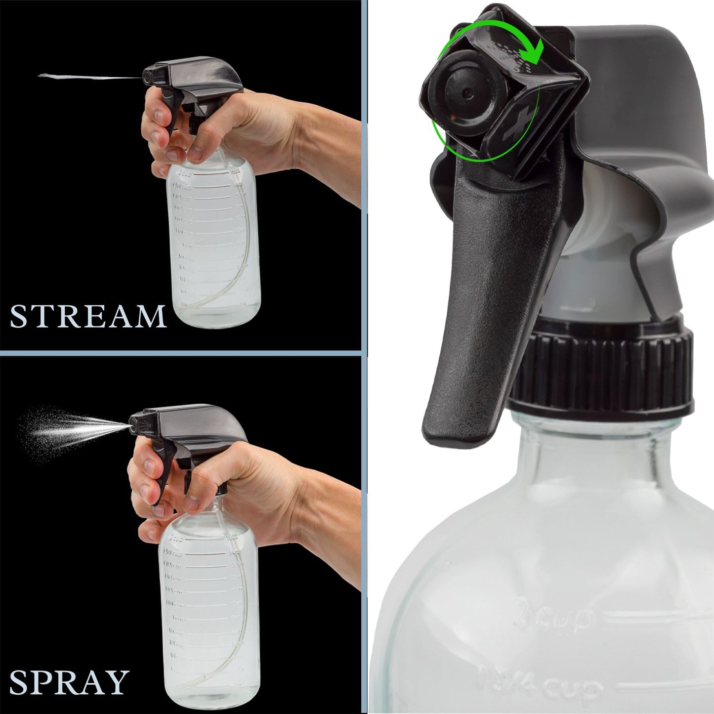 Cornucopia Brands 16-Ounce Clear Glass Spray Bottles with Measurements (Pack of 2) Sprayer Bottle with 3-Setting Heavy Duty Sprayers for Mist, Stream, OFF