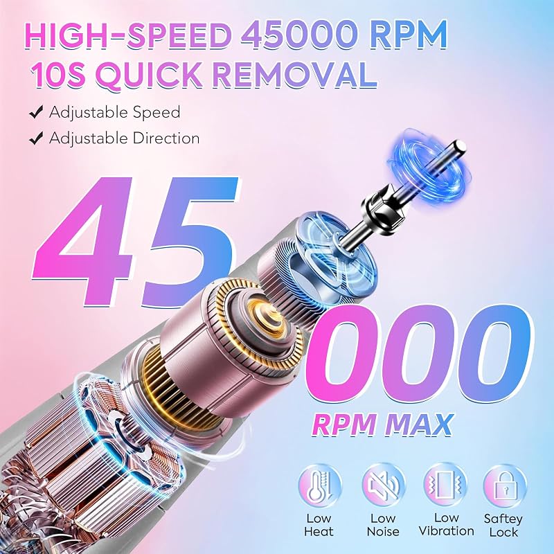 PRYZUNA Electric Nail Drill 45000RPM – Cordless Portable E-File with Gradient Variation