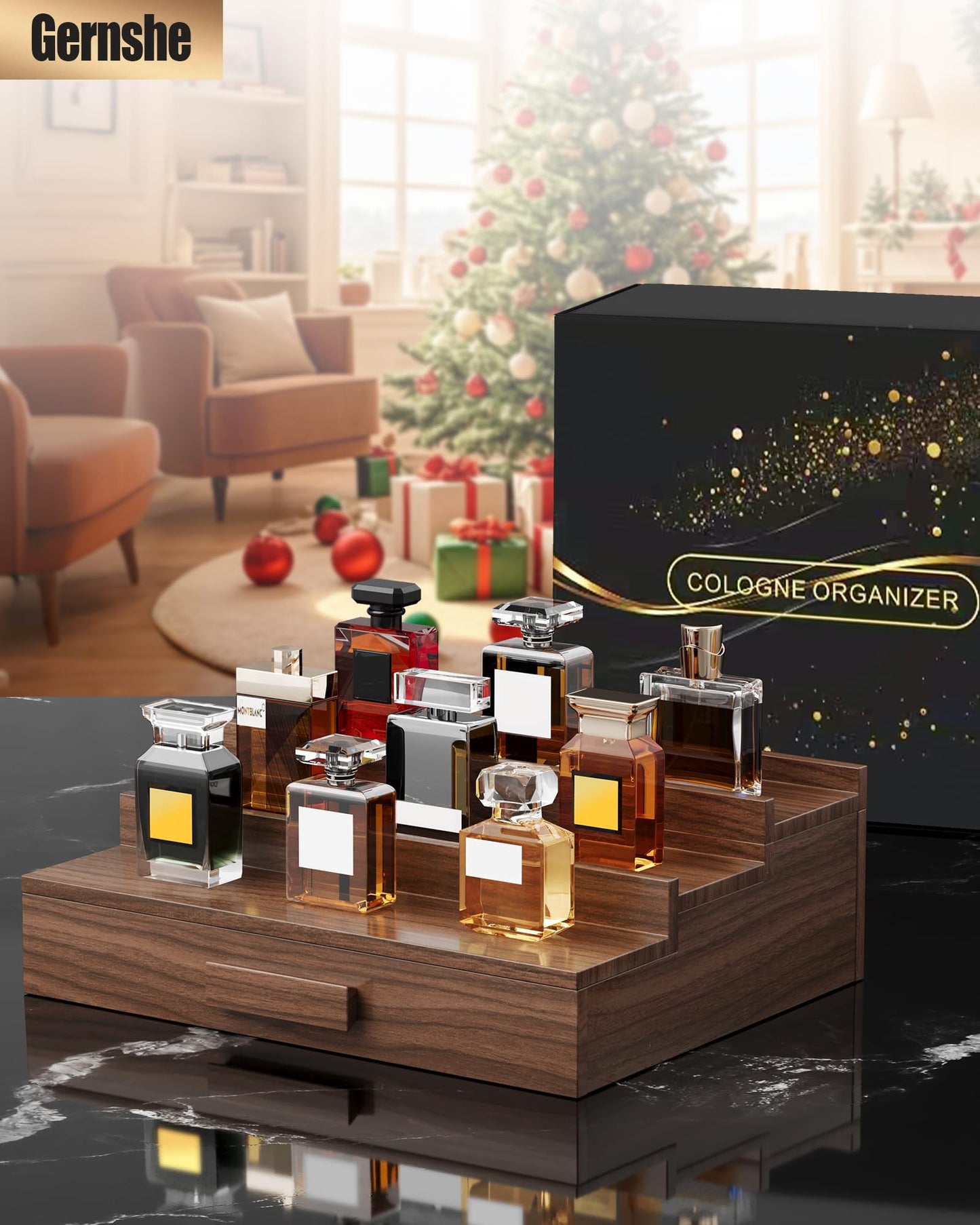 Gernshe Solid Ash Wood Cologne Organizer for Men,3 Tier Cologne Stand,Cologne Shelf Display Holder,Perfume Stand Organizer with Storage Drawer and Hidden Compartment,Great Gift for Men,Walnut