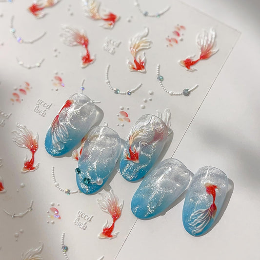 5D Embossed Koi Fish Nail Stickers Self-Adhesive Goldfish Nail Art Stickers Sparkly Koi Pearl Rhinestones Designs Cute Nail Art Supplies Glitter Nail Decals for Women Girls Acrylic Nail Salon DIY