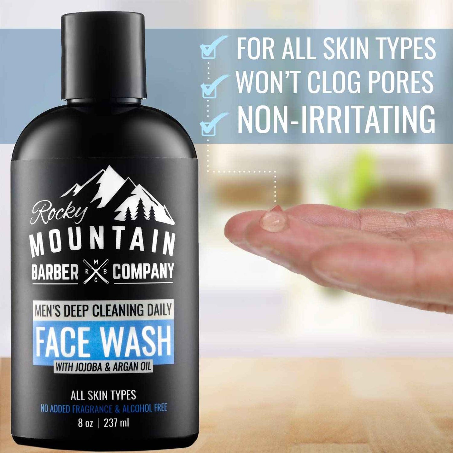 Rocky Mountain Barber Company Men's Daily Face Wash - With Jojoba Oil, Argan Oil, Chamomile Floral Water and Aloe Vera – Unscented - 8 oz