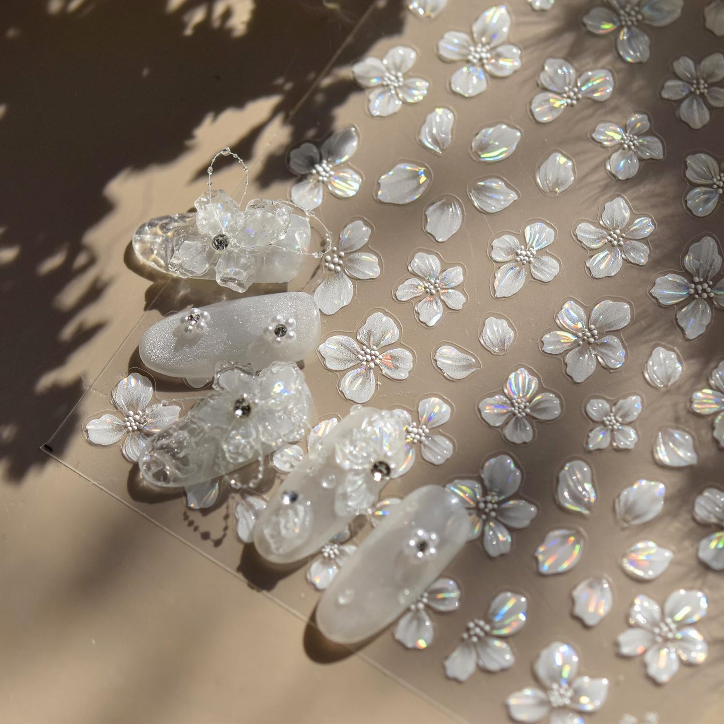 1 Sheets Embossed Flower Nail Stickers for Nail Art Holographic Laser Summer Floral Nail Art Stickers 5D Self-Adhesive Crystal Petals Nail Decoration White Flowers Nail Decals for Women Nails Designs