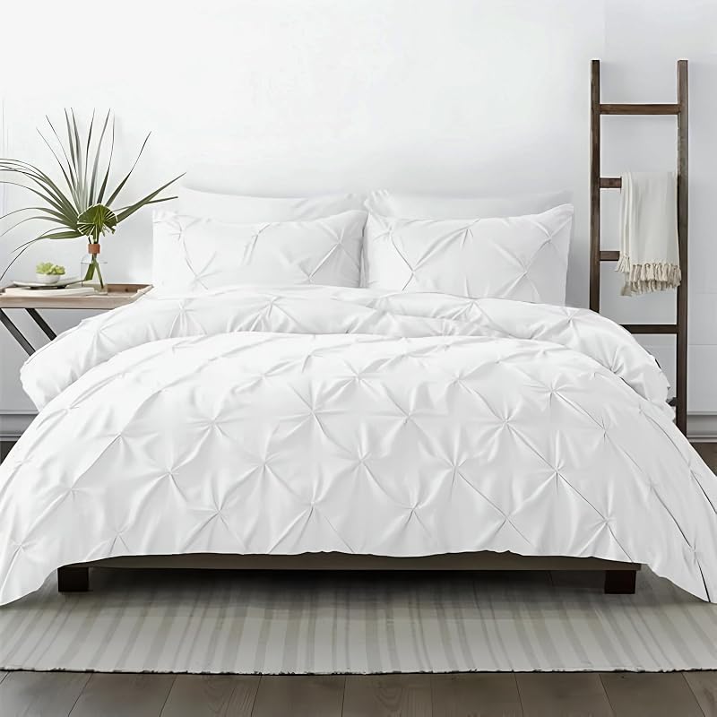 Queen/Full 3-Piece Pinch Pleated Duvet Cover Set - 100% Egyptian Cotton 600TC in White (No Comforter) - Zipper Closure & 7 Internal Ties