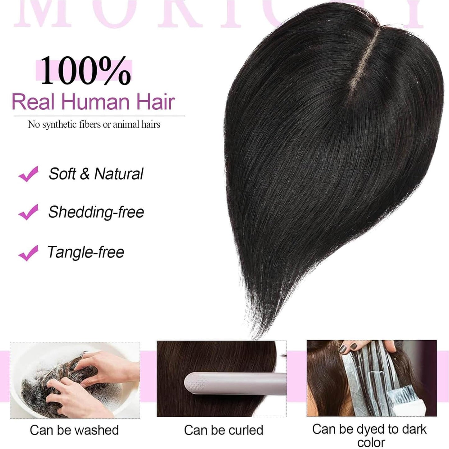 MORICHY Hair Toppers for Women Real Human Hair,Realistic Scalp Line Human Hair Toppers for Women with Thinning 360°Cover Black 7 Inch Short Topper Pieces for Daily Use 1B# 2 Clip