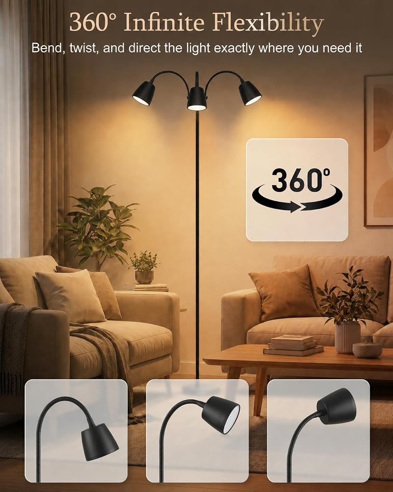 Ultra-Warm 1700K 3-Head Floor Lamp with Remote, 80.7” Tall, Stepless Dimming & Memory