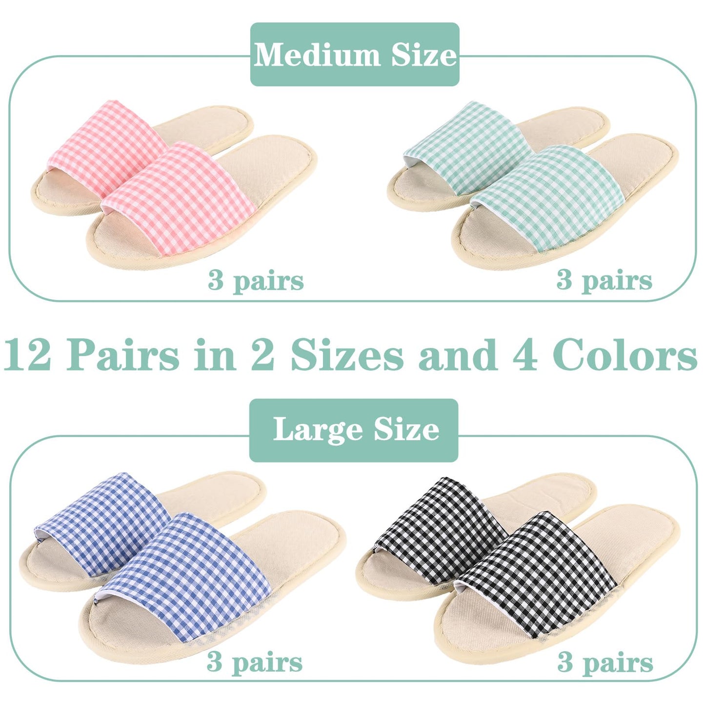 VAIPI 12 Pairs House Slippers for Guests, Disposable Breathable Open Toe Spa Slippers Washable Non Slip Indoor Slippers for Hotel Travel Home Bedroom, 6 Large Size + 6 Medium Size