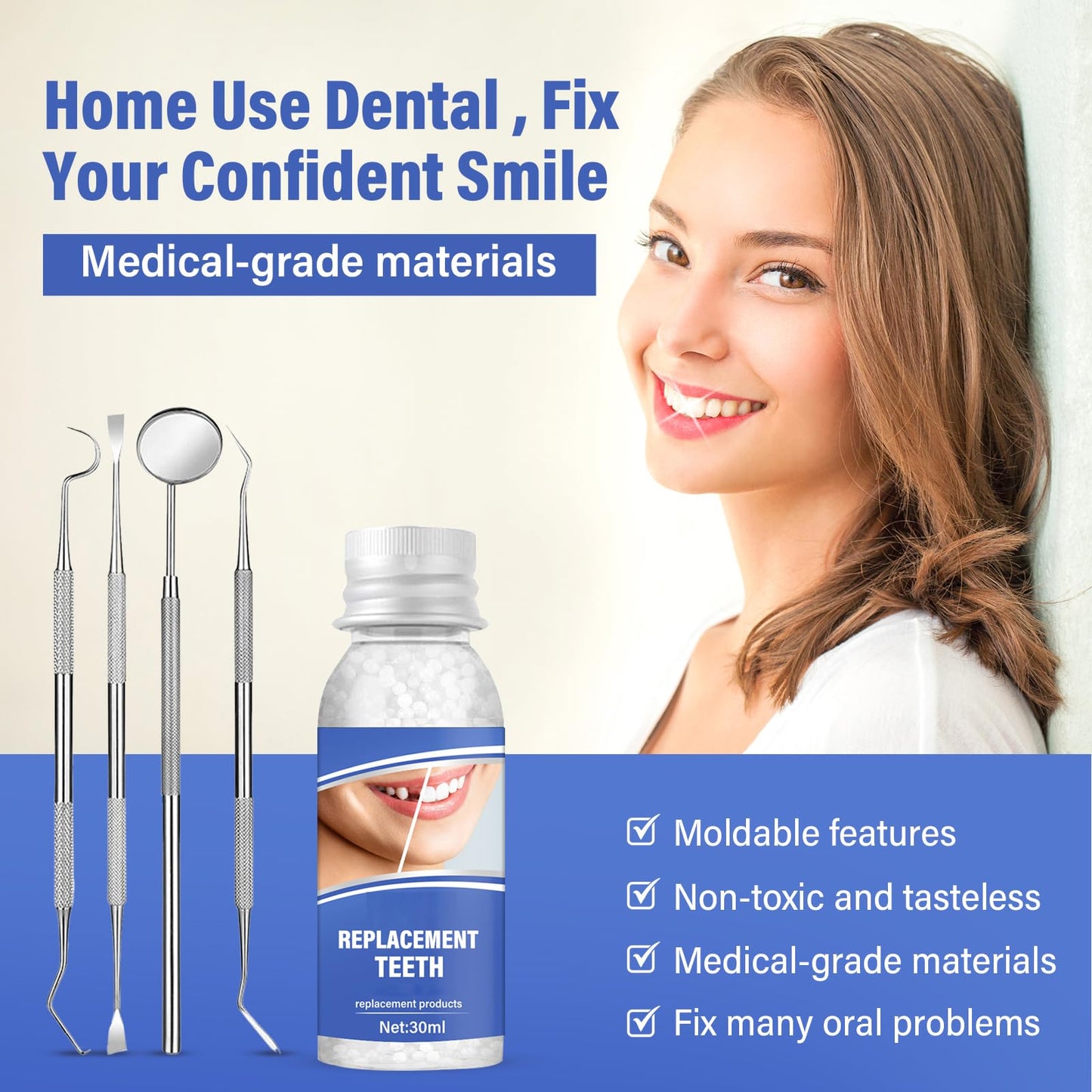 Tooth Repair Kit, Safe and Effective Fake Teeth Replacement, for Fixing Missing & Broken Teeth Replacement, Smile Confidently with 30ml Tooth Beads + 4 Dental Tools