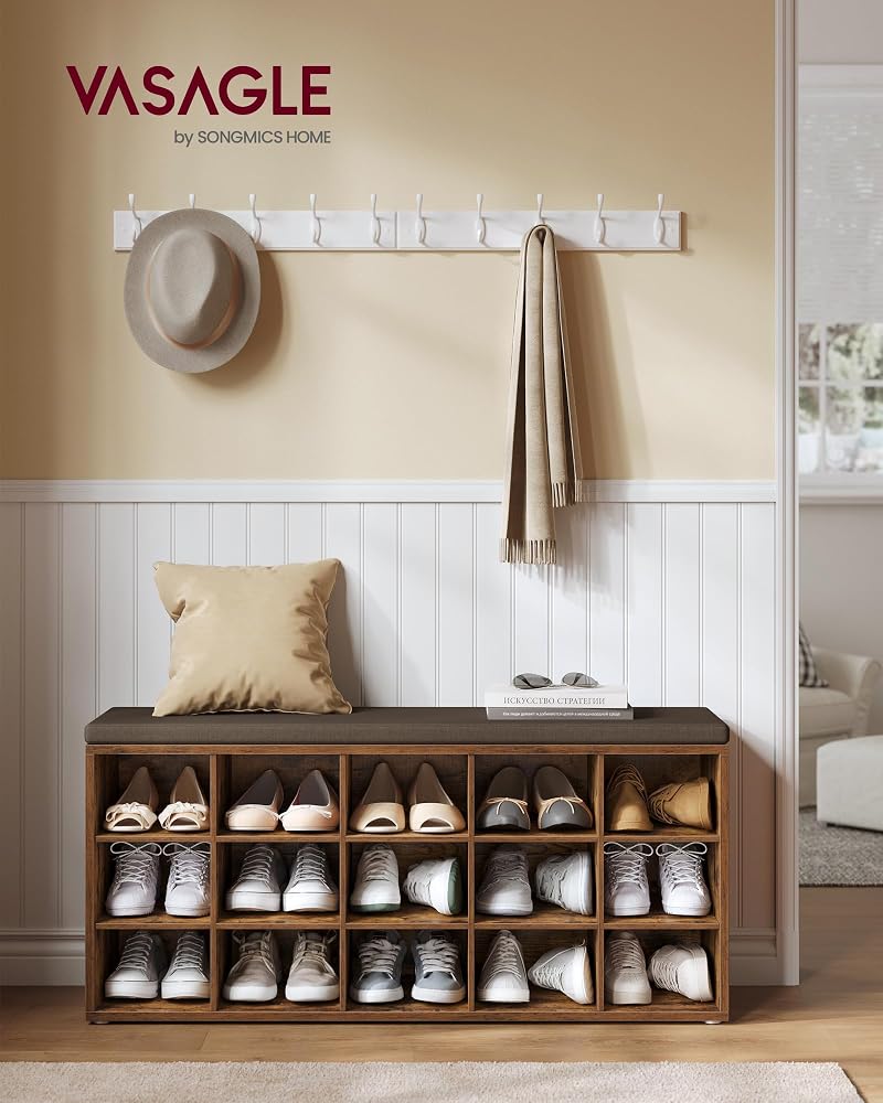 VASAGLE Rustic 15-Cubby Shoe Bench with Cushion - Brown