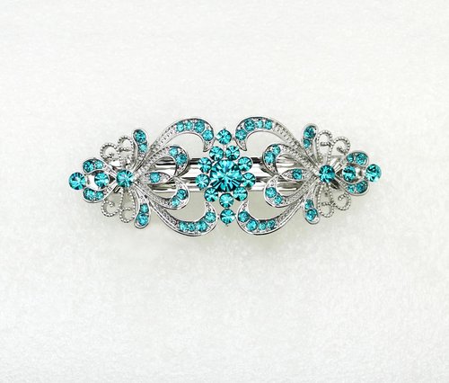 Faship Teal Rhinestone Crystal Hearts Floral Hair Barrette