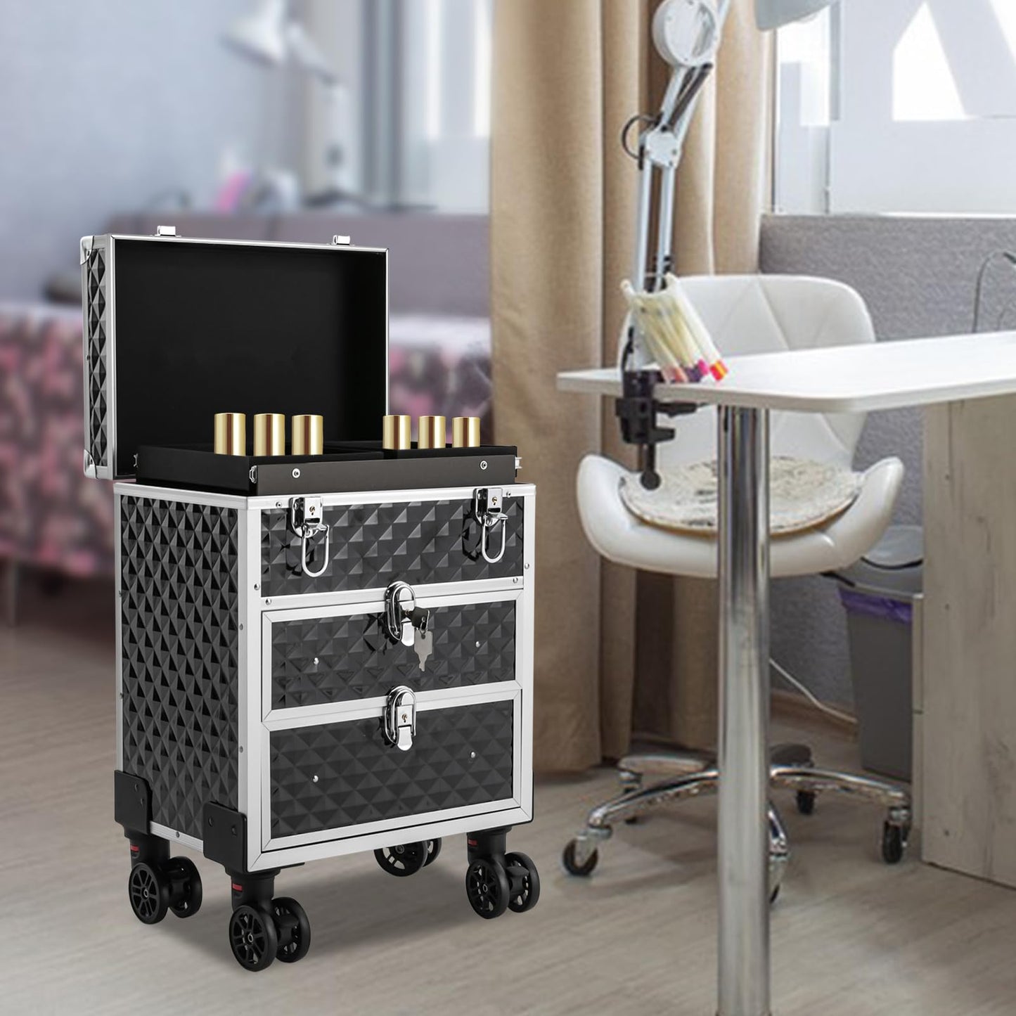 Professional Rolling Makeup Case, Cosmetic Organizer with Sliding Drawers, Makeup Case with 360° Rotatable Wheels
