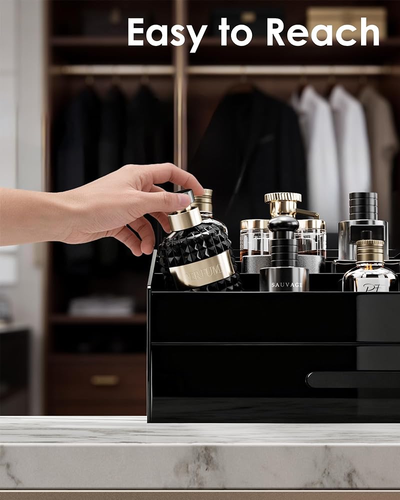 ProCase Cologne Organizer for Men - Acrylic Perfume Stand with Drawer (Black, 1 Layer)
