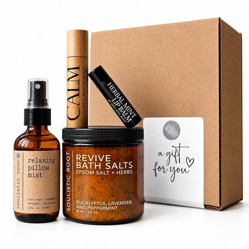 Relaxing Spa Gift Set - Pillow Spray, Mint Lip Balm, Calming Oil Roller & Epsom Salt Bath Soak